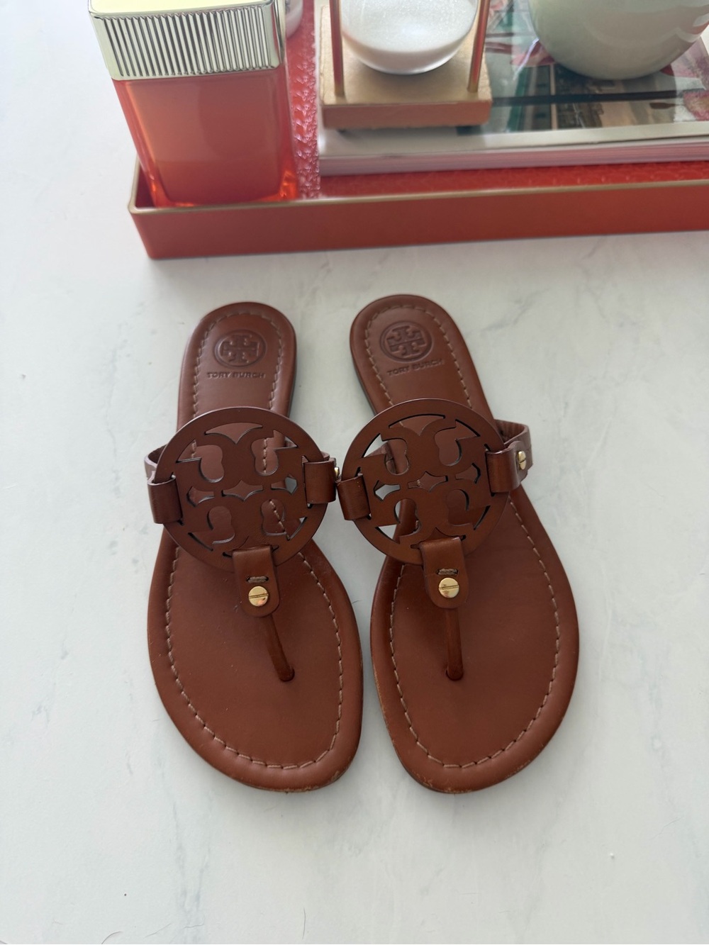 Tory Burch Brown Leather Logo Thong Sandals
